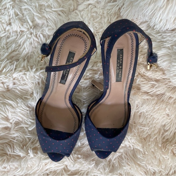 Zara stiletto heel open toe blue red polka dot ankle strap platform size 9 - Picture 2 of 11